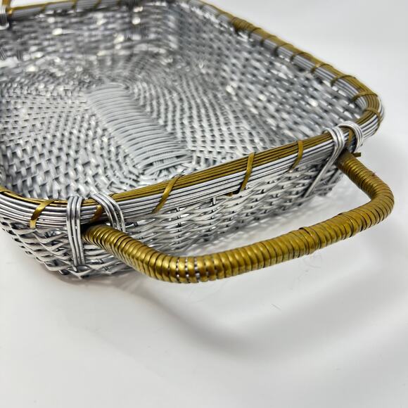 Vintage Mid Century Casserole Holder Woven Aluminum Brass Table Serving Basket - Picture 6 of 15
